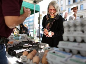 Irish chef and cookbook author Darina Allen shops for eggs from Tello's Green Farm booth at the Union Square Greenmarket in New York. Photograph by Chang W. Lee, The New York Times/Redux