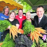 The farmers’ market which has started in Swindon town centre From left, market manager Kardien Gerbrands, Coun Emma Faramarzi, Duncan Paget, from DS Paget and Co vegetables, Rebecca Rowland, In Swindon Bid manager and Paul Booth, In Swindon chairman