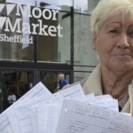 Valerie Wilson with a petition against the axing of the Free bee Bus to Sheffield Markets